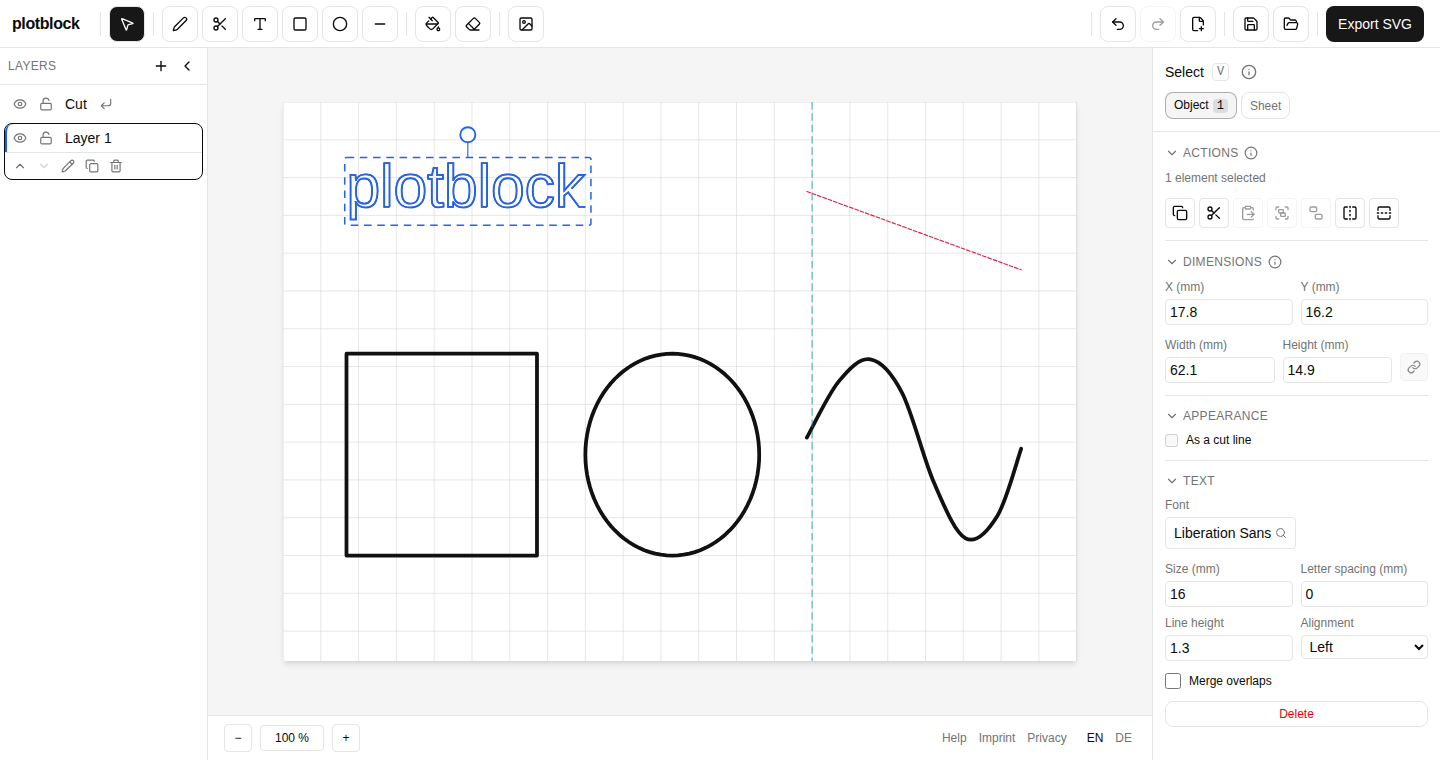 The app: the word “plotblock” as outline paths on an A5 sheet, with a rectangle, an ellipse, a freehand stroke, a red cut line on a second layer and a vertical guide — and on the right the properties panel with position and size in millimetres.